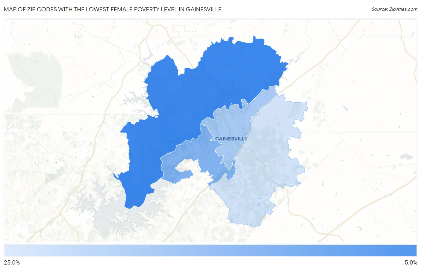 Zip Codes with the Lowest Female Poverty Level in Gainesville Map