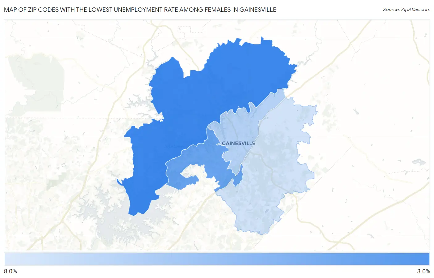 Zip Codes with the Lowest Unemployment Rate Among Females in Gainesville Map