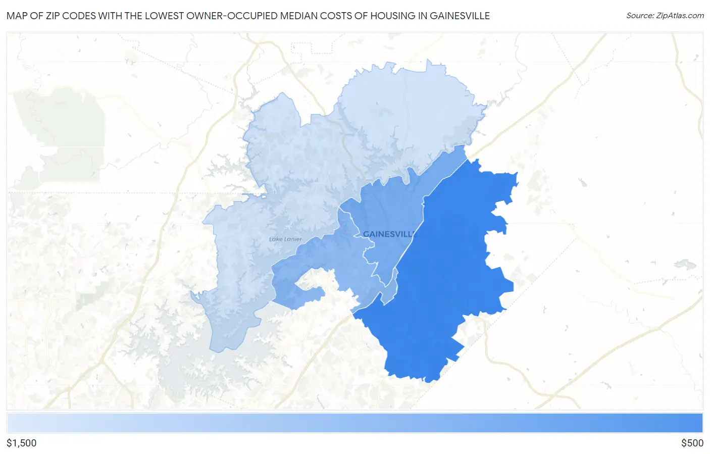 Zip Codes with the Lowest Owner-Occupied Median Costs of Housing in Gainesville Map