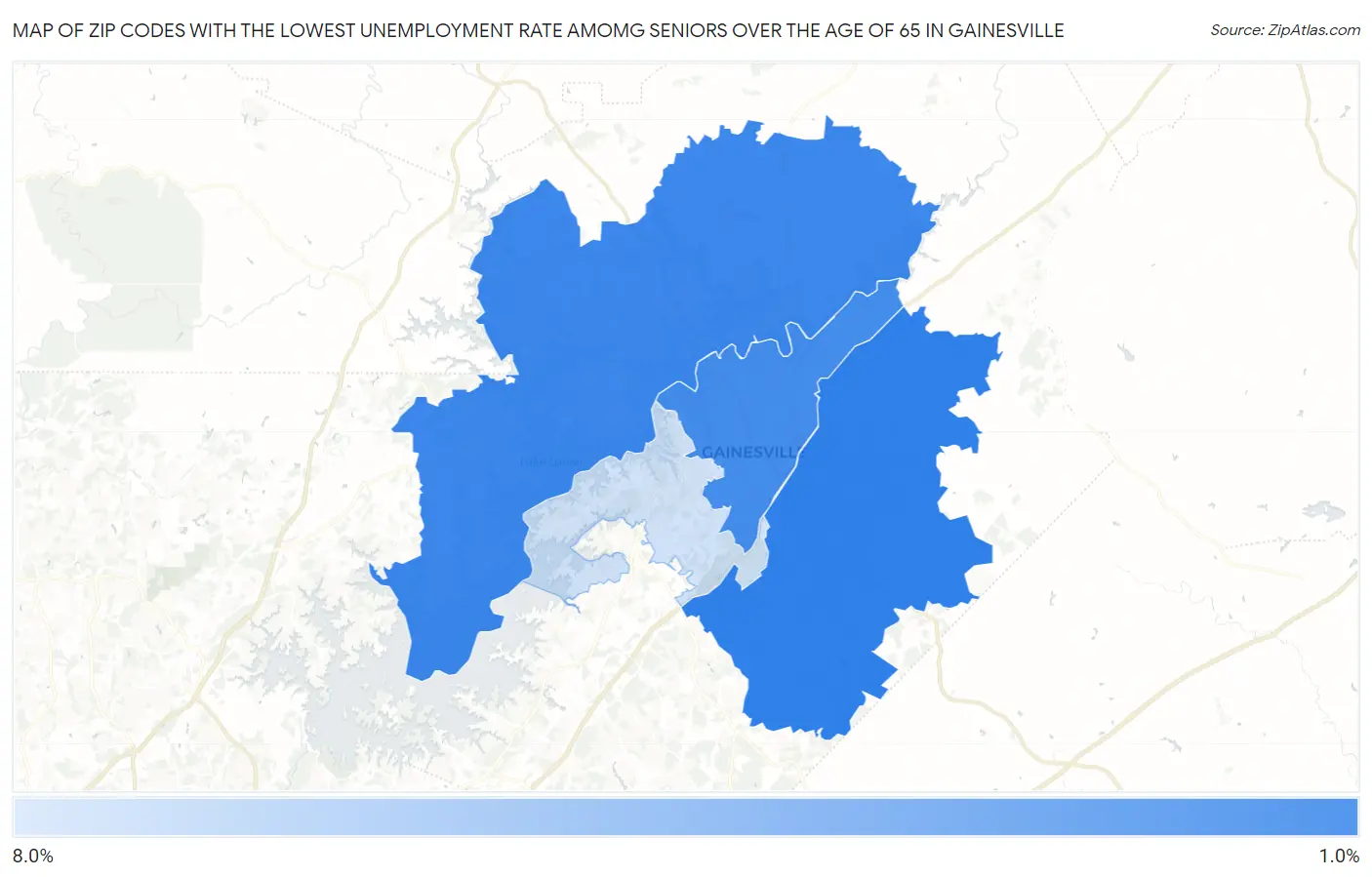 Zip Codes with the Lowest Unemployment Rate Amomg Seniors Over the Age of 65 in Gainesville Map