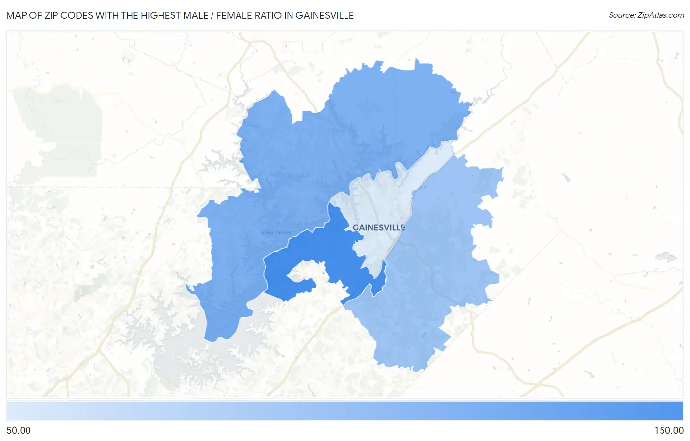 Zip Codes with the Highest Male / Female Ratio in Gainesville Map