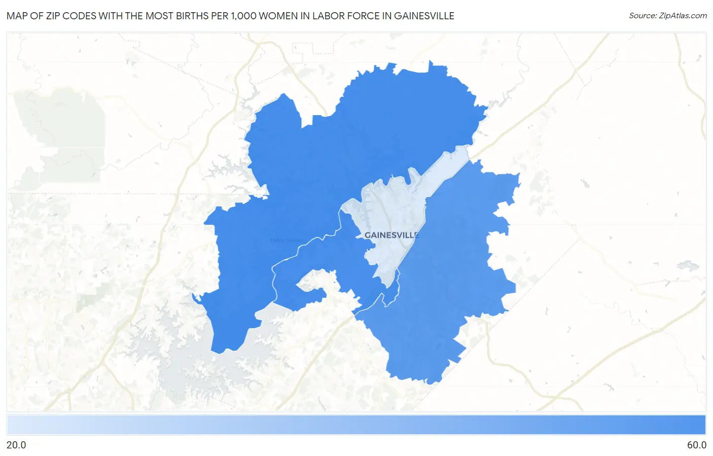 Zip Codes with the Most Births per 1,000 Women in Labor Force in Gainesville Map