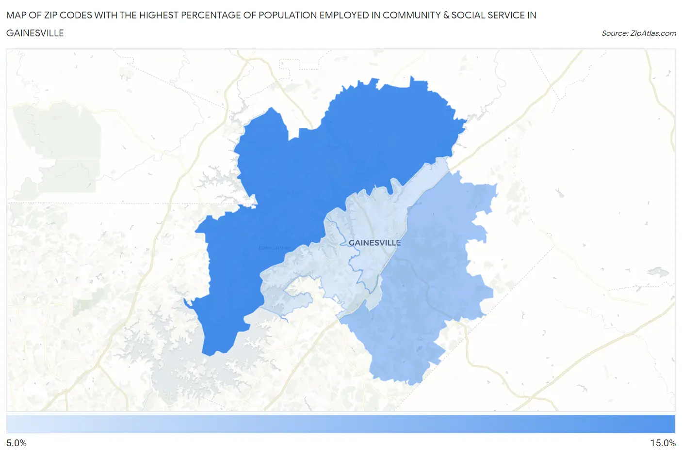 Zip Codes with the Highest Percentage of Population Employed in Community & Social Service  in Gainesville Map
