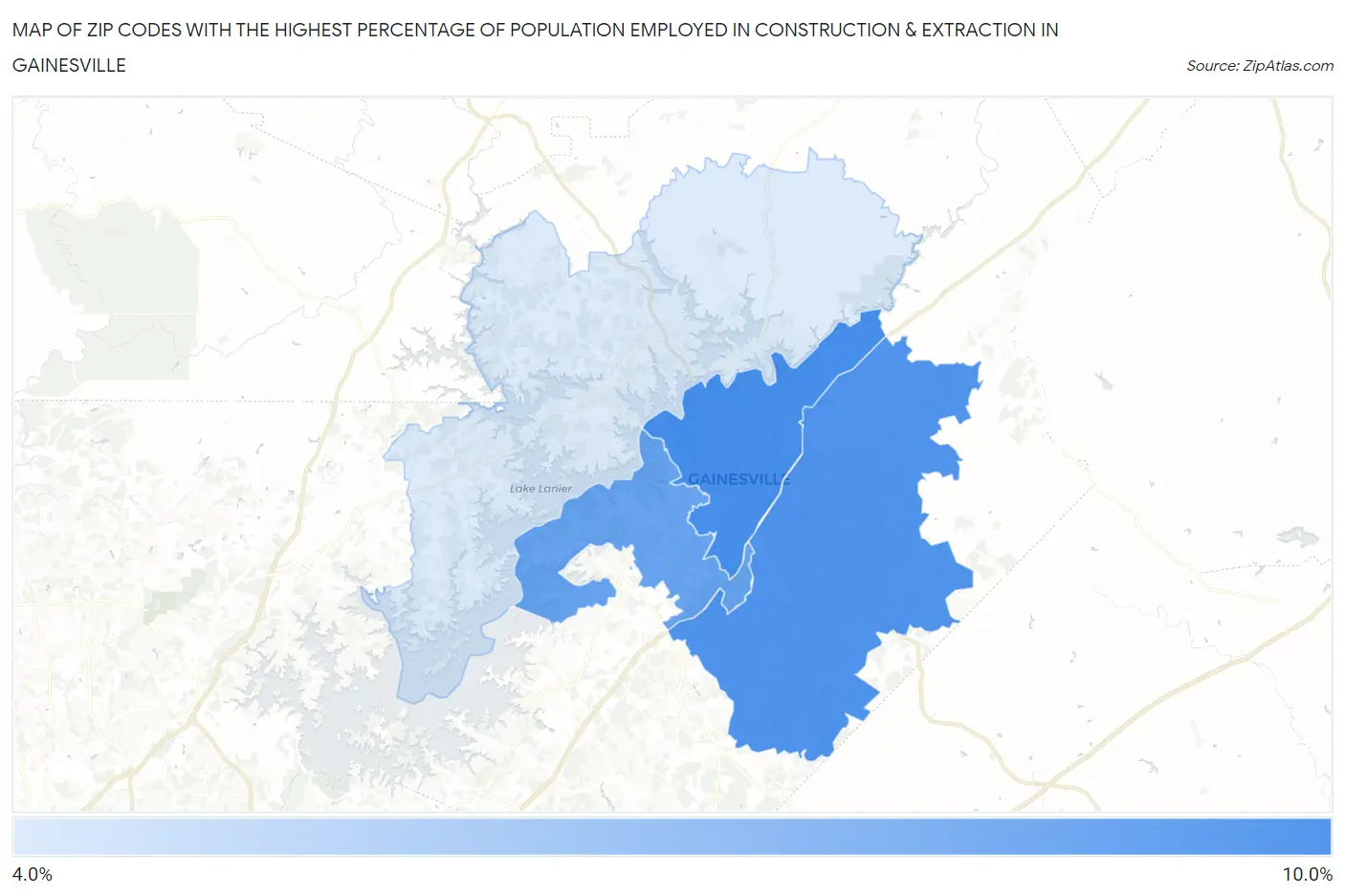 Zip Codes with the Highest Percentage of Population Employed in Construction & Extraction in Gainesville Map