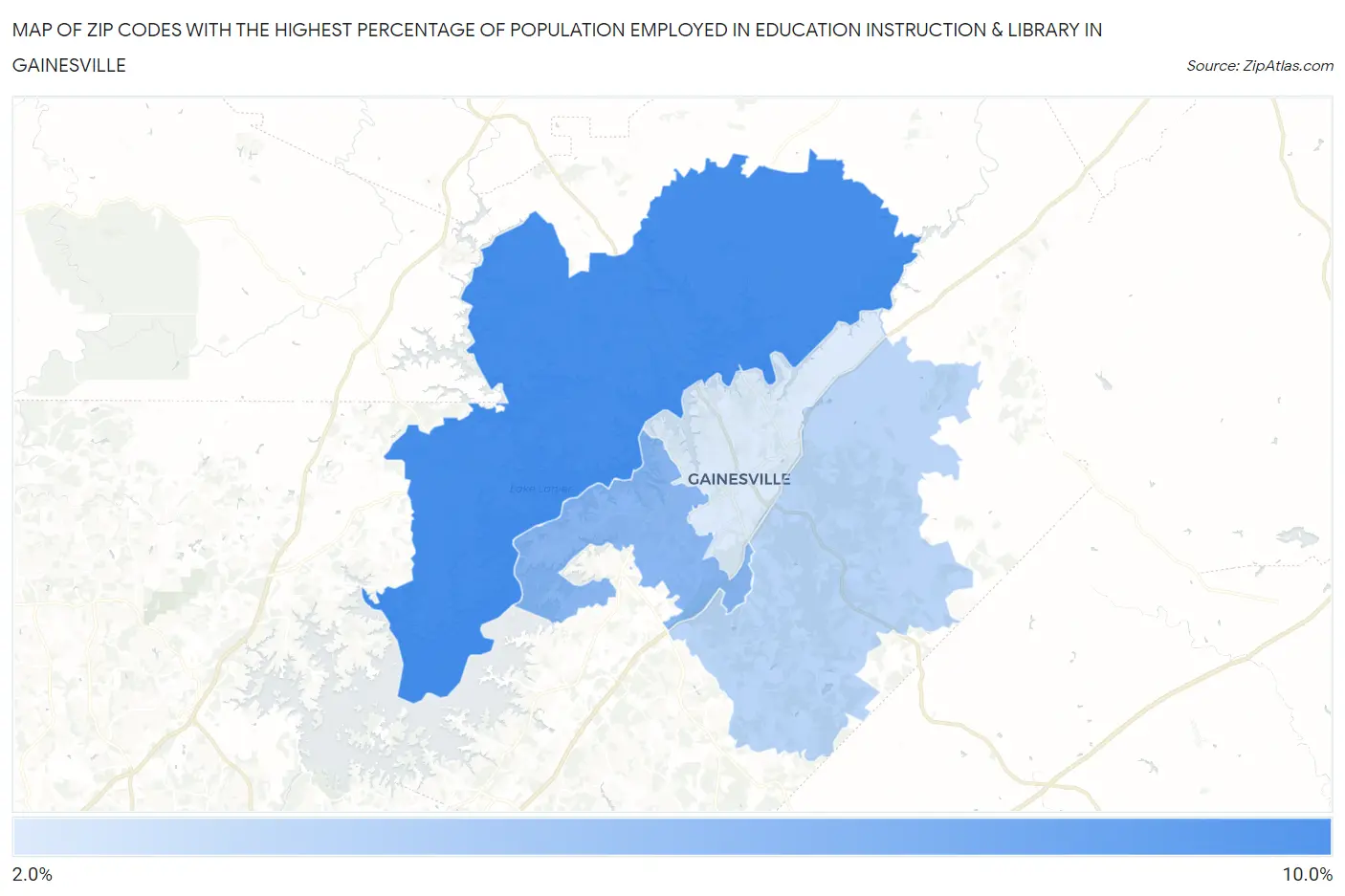 Zip Codes with the Highest Percentage of Population Employed in Education Instruction & Library in Gainesville Map