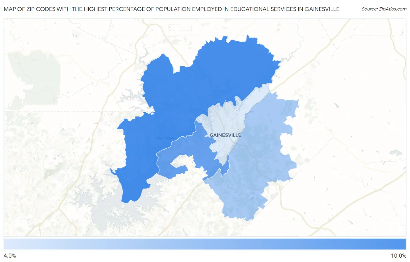 Zip Codes with the Highest Percentage of Population Employed in Educational Services in Gainesville Map