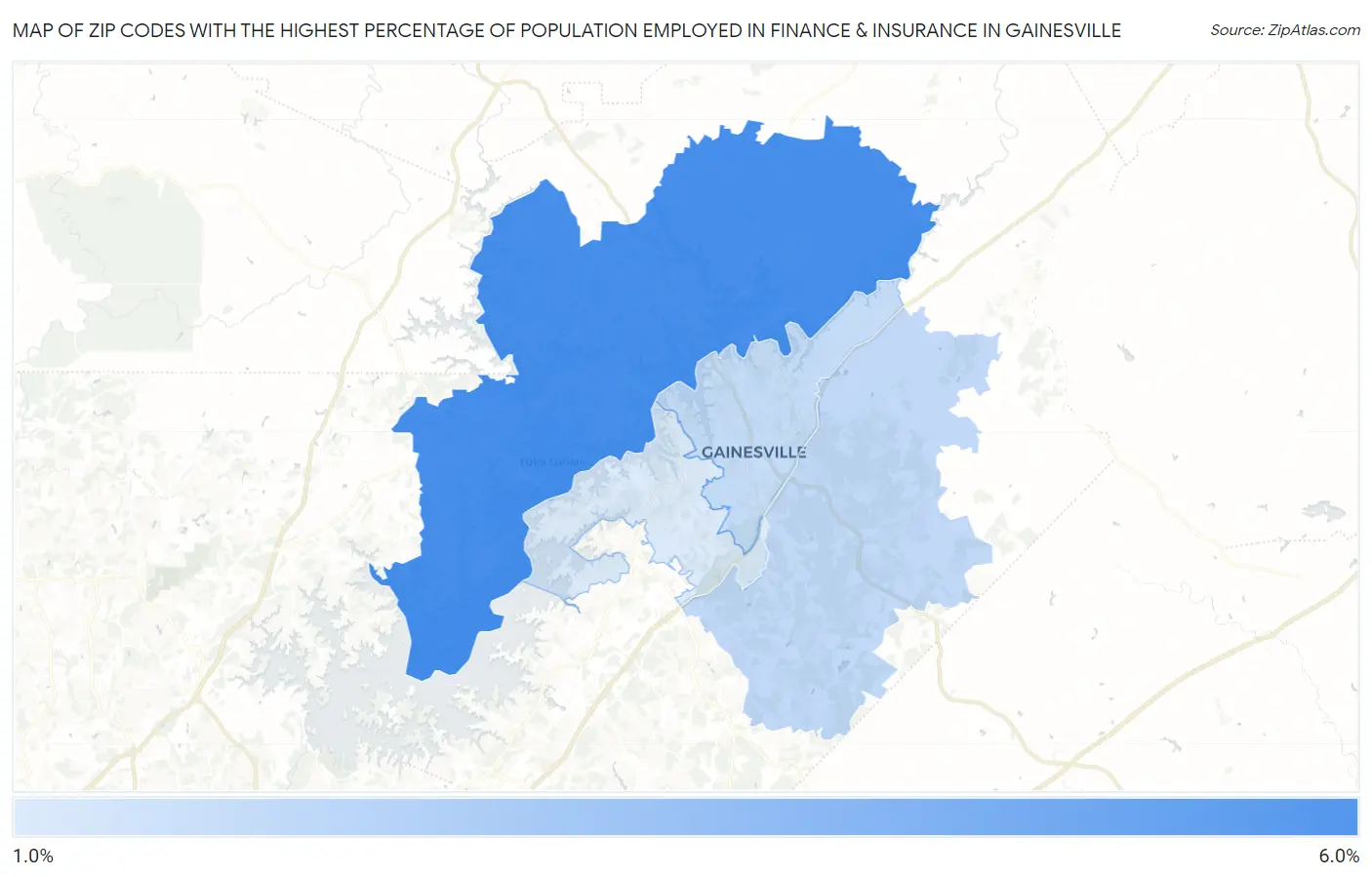 Zip Codes with the Highest Percentage of Population Employed in Finance & Insurance in Gainesville Map