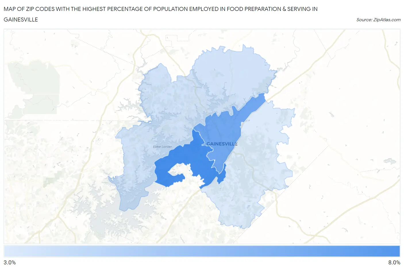 Zip Codes with the Highest Percentage of Population Employed in Food Preparation & Serving in Gainesville Map