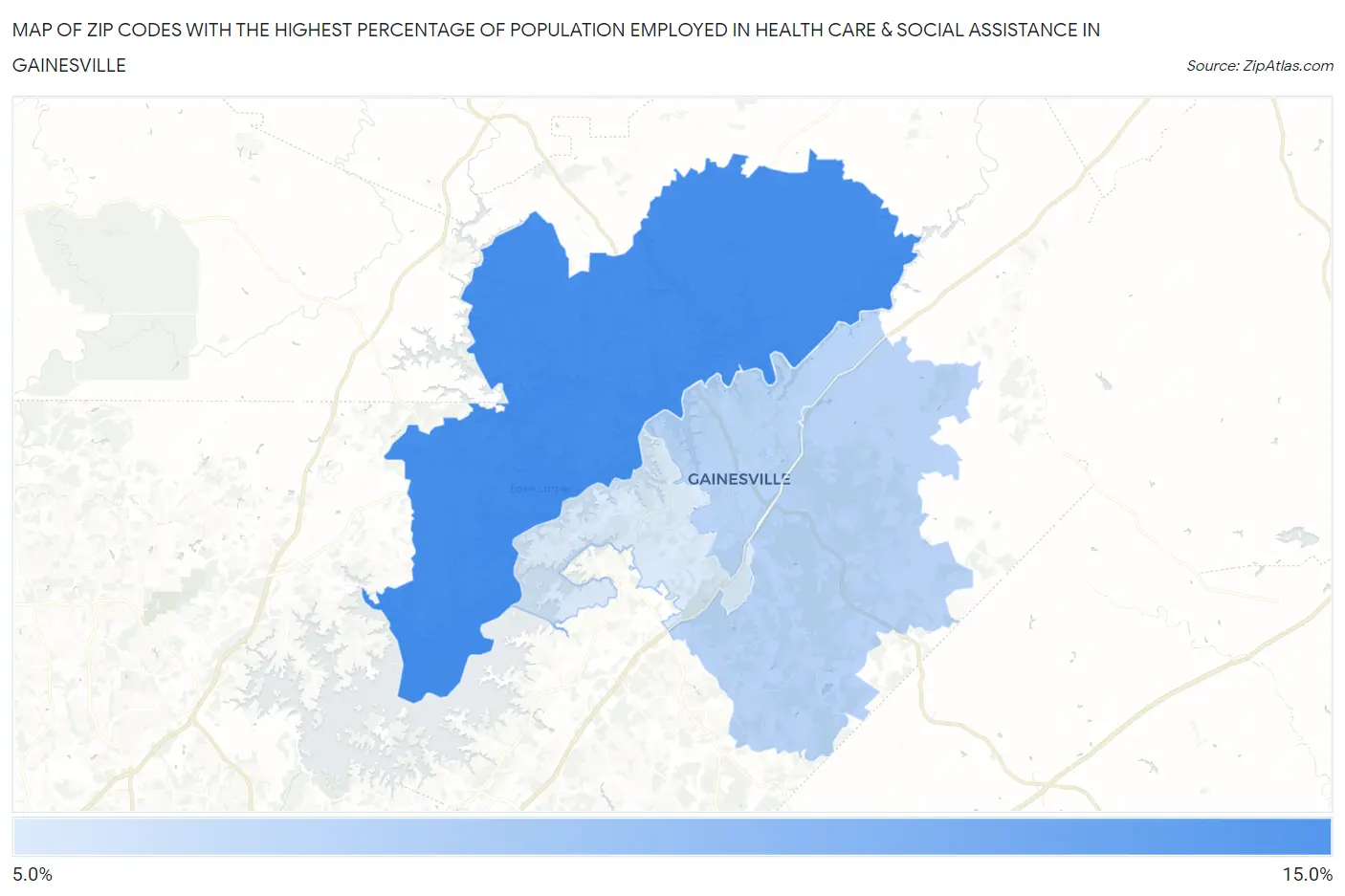 Zip Codes with the Highest Percentage of Population Employed in Health Care & Social Assistance in Gainesville Map