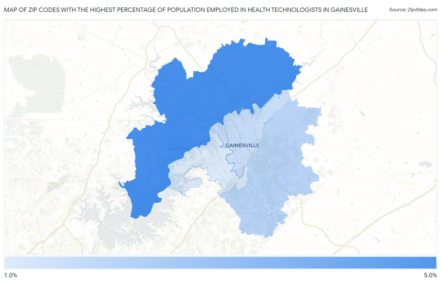 Zip Codes with the Highest Percentage of Population Employed in Health Technologists in Gainesville Map