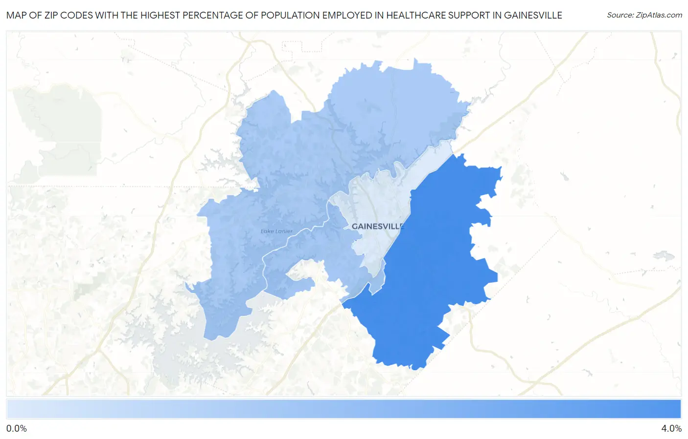 Zip Codes with the Highest Percentage of Population Employed in Healthcare Support in Gainesville Map