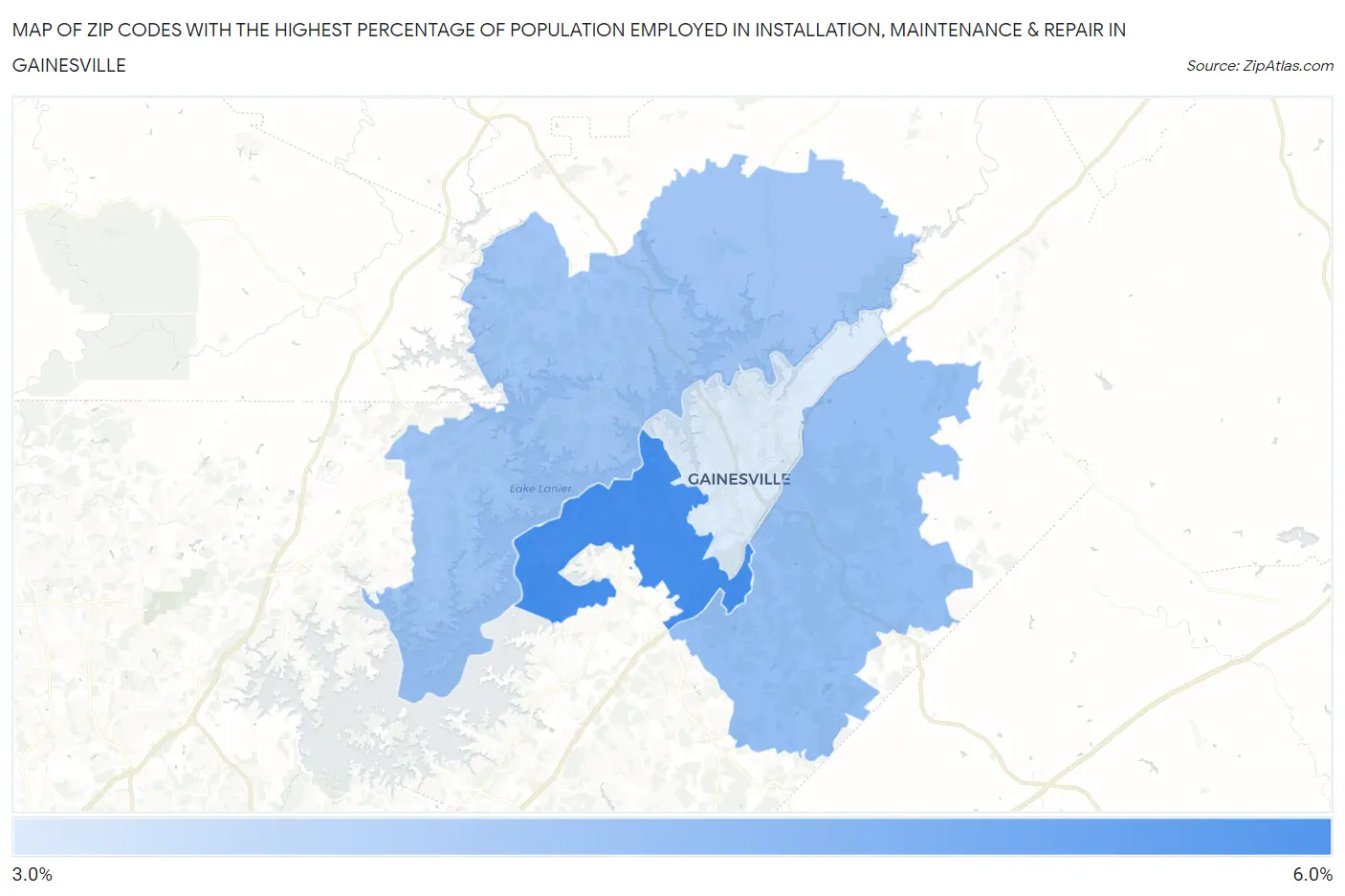 Zip Codes with the Highest Percentage of Population Employed in Installation, Maintenance & Repair in Gainesville Map