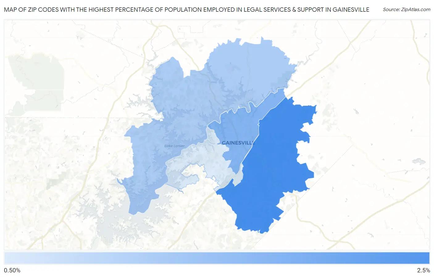 Zip Codes with the Highest Percentage of Population Employed in Legal Services & Support in Gainesville Map