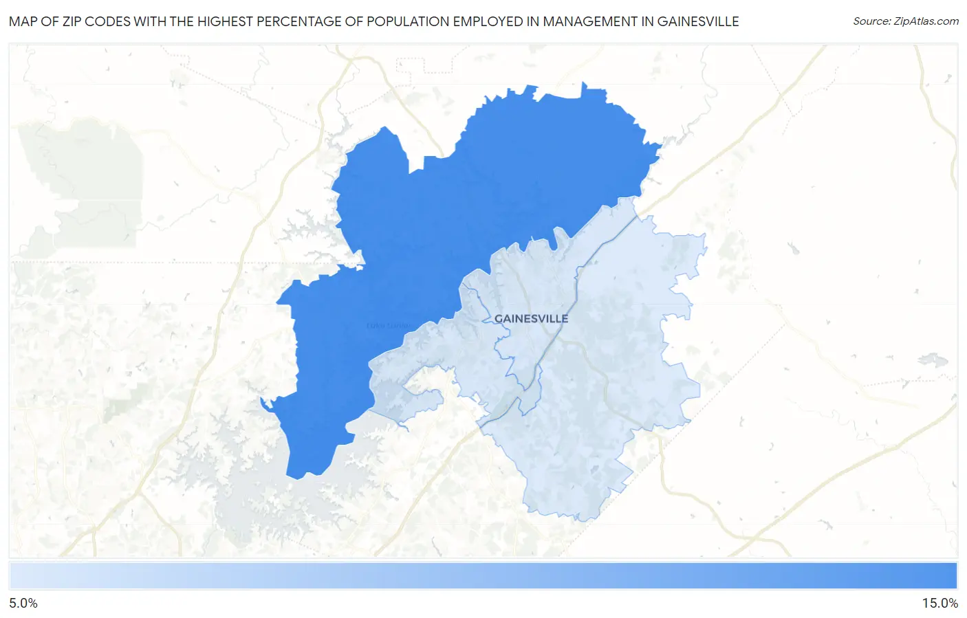 Zip Codes with the Highest Percentage of Population Employed in Management in Gainesville Map