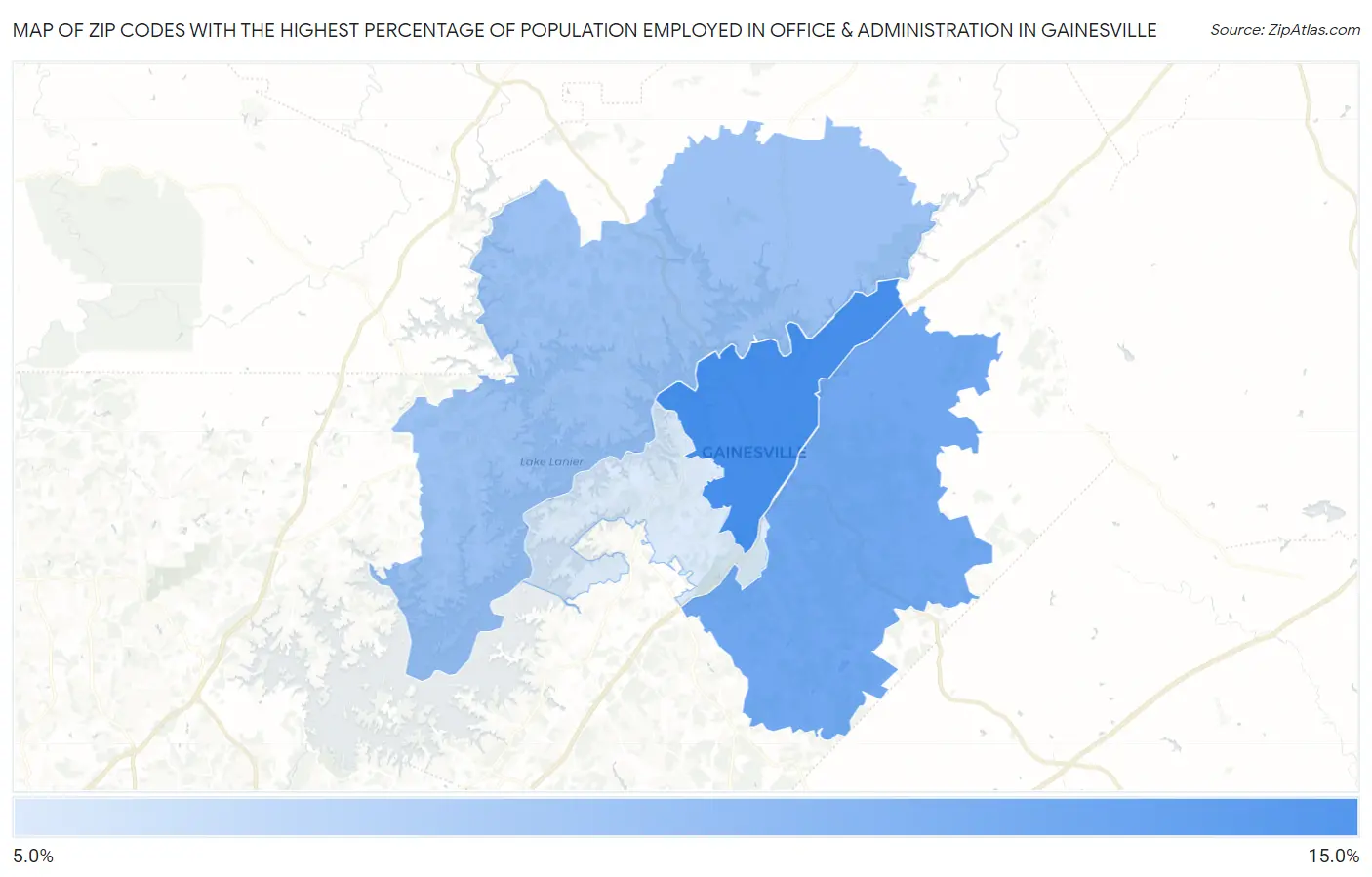 Zip Codes with the Highest Percentage of Population Employed in Office & Administration in Gainesville Map