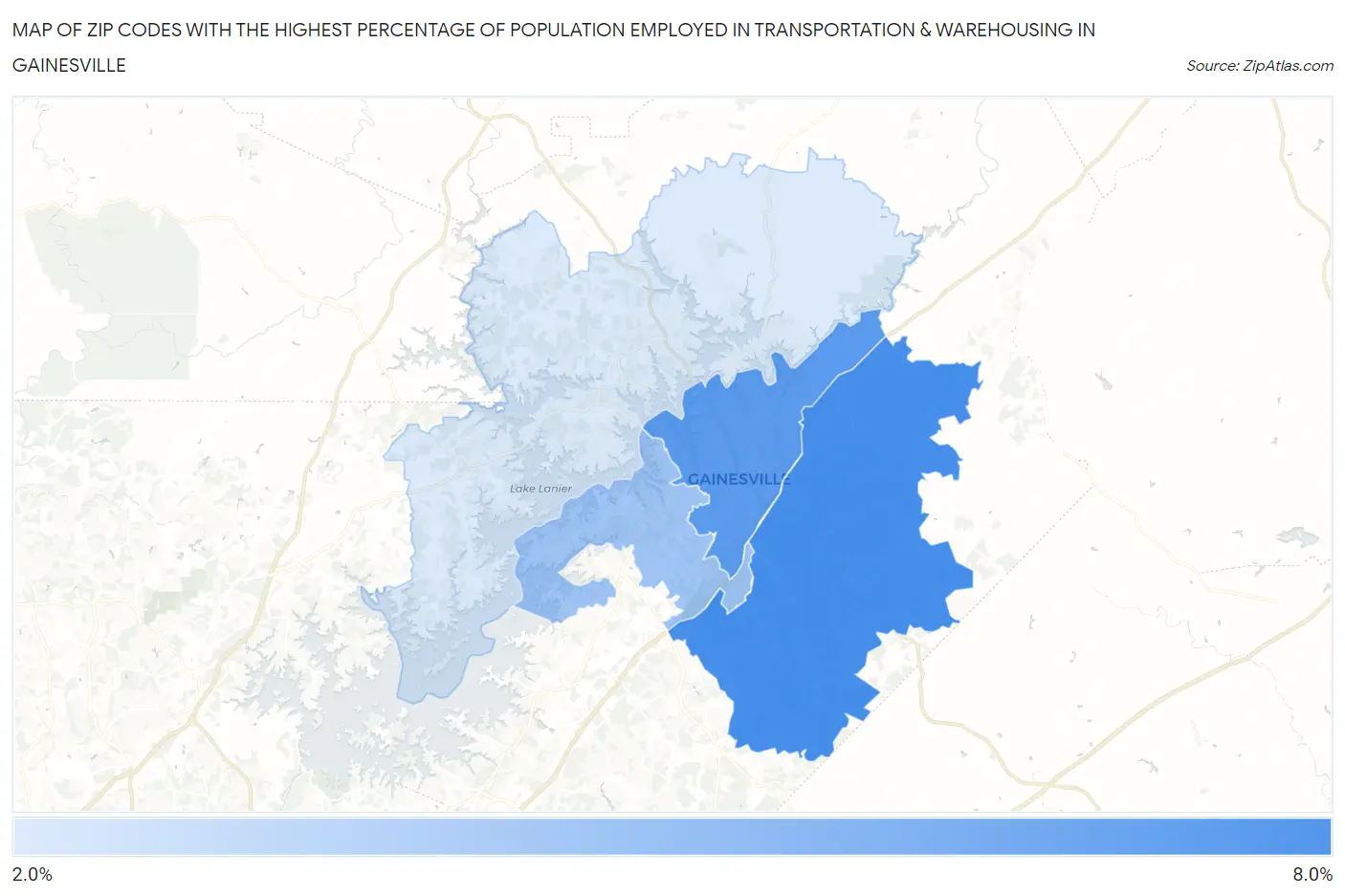 Zip Codes with the Highest Percentage of Population Employed in Transportation & Warehousing in Gainesville Map