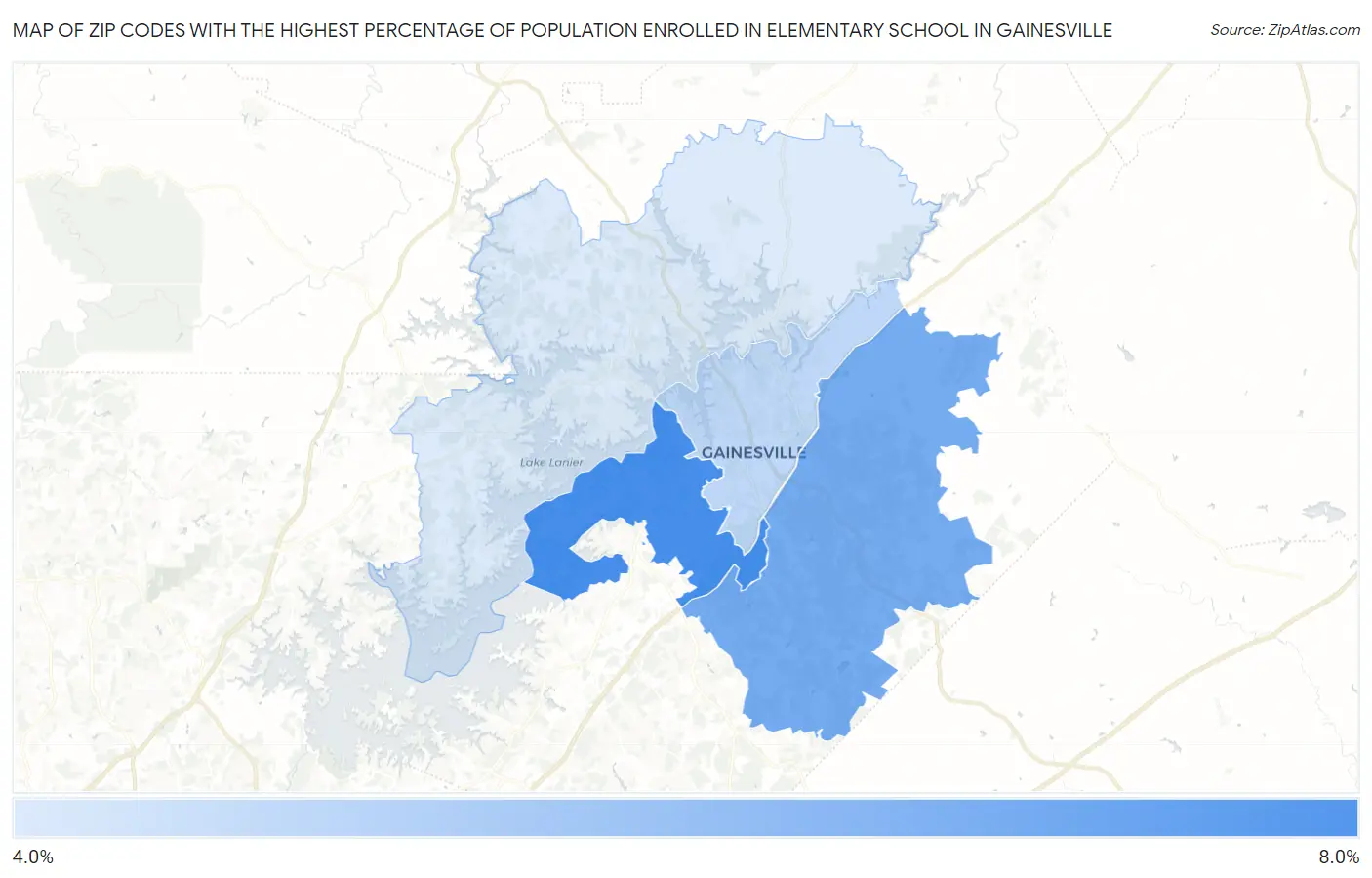 Zip Codes with the Highest Percentage of Population Enrolled in Elementary School in Gainesville Map