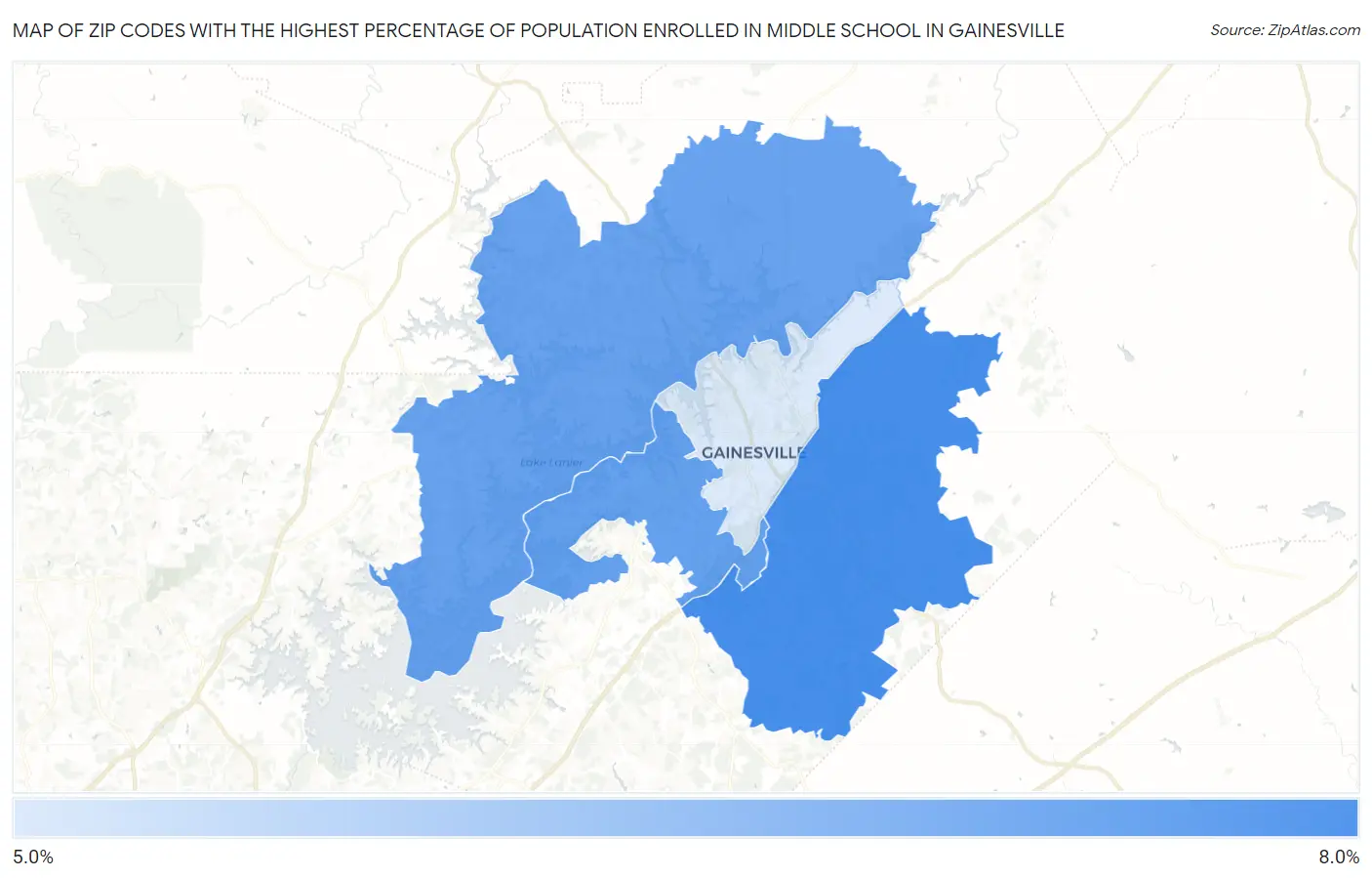 Zip Codes with the Highest Percentage of Population Enrolled in Middle School in Gainesville Map