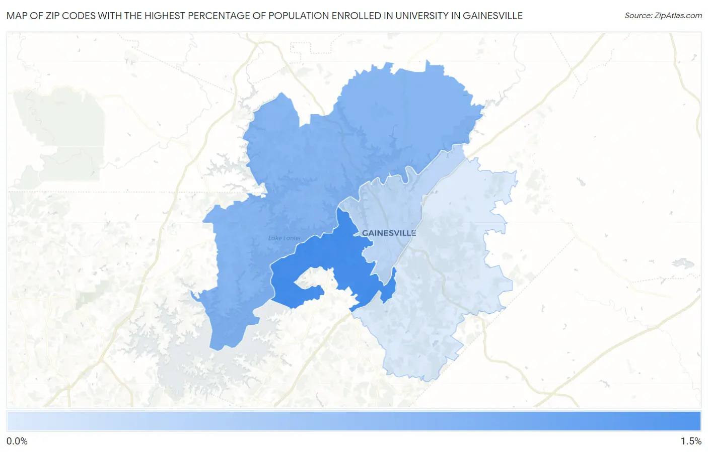 Zip Codes with the Highest Percentage of Population Enrolled in University in Gainesville Map