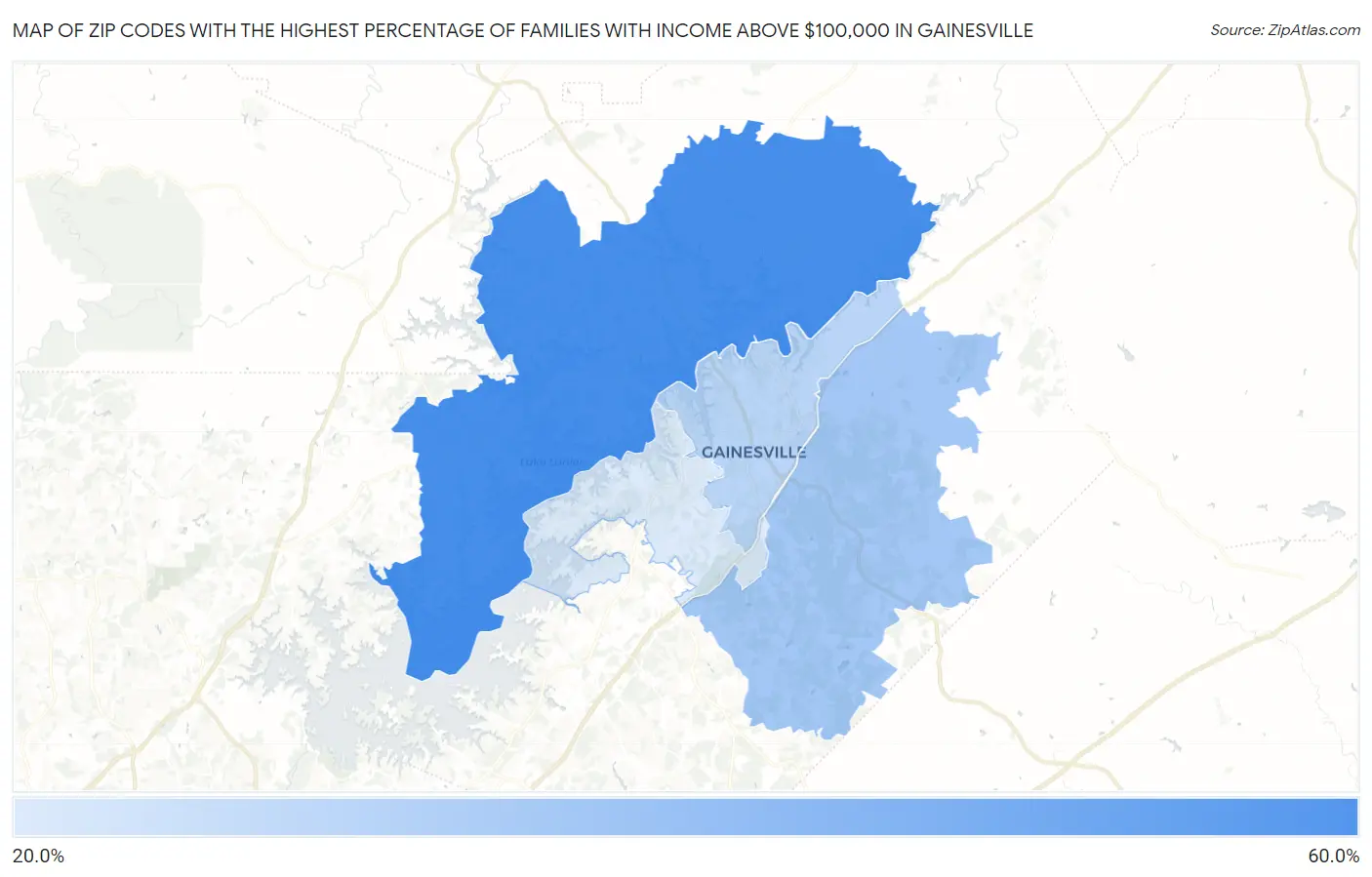 Zip Codes with the Highest Percentage of Families with Income Above $100,000 in Gainesville Map