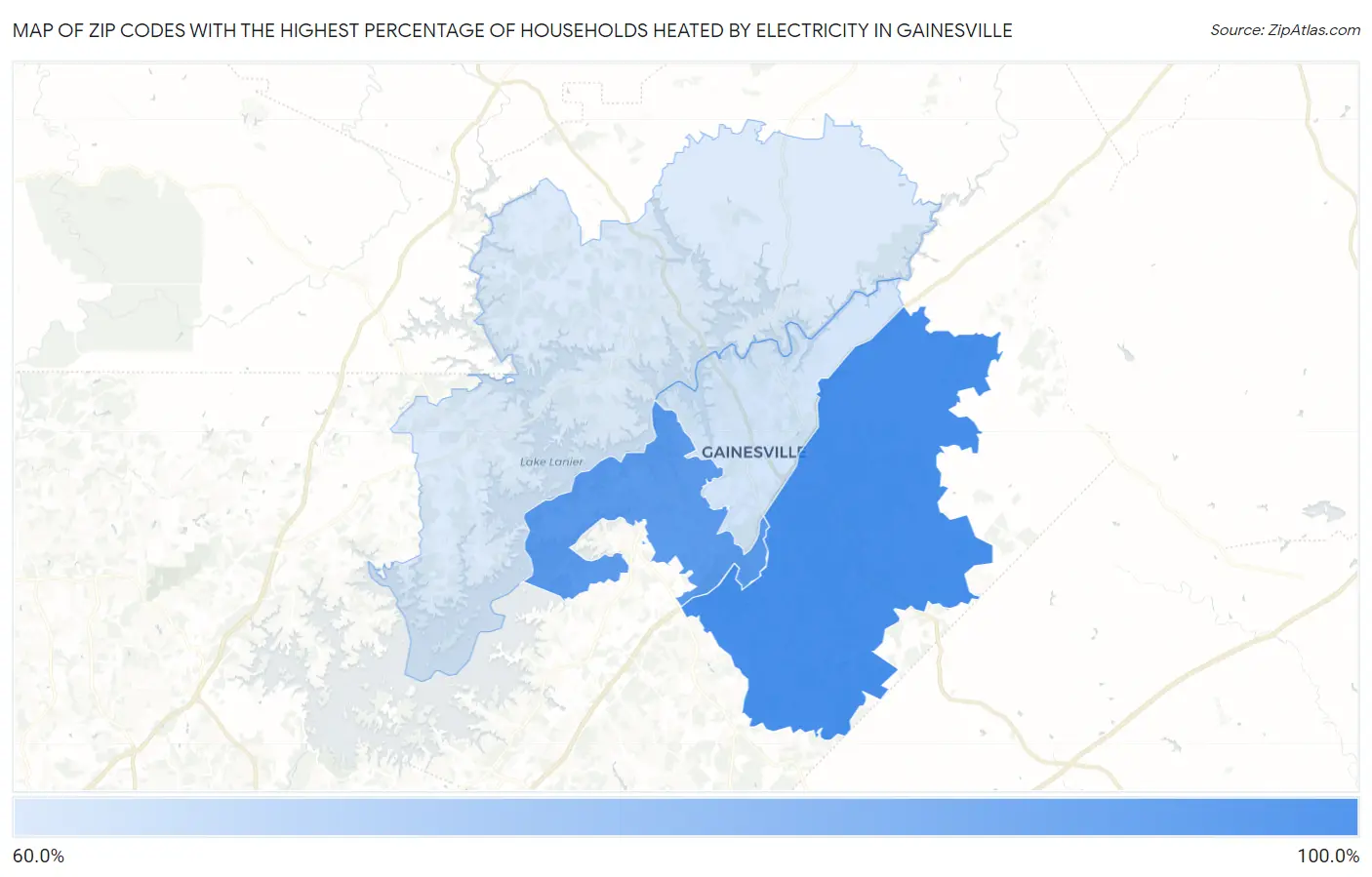 Zip Codes with the Highest Percentage of Households Heated by Electricity in Gainesville Map