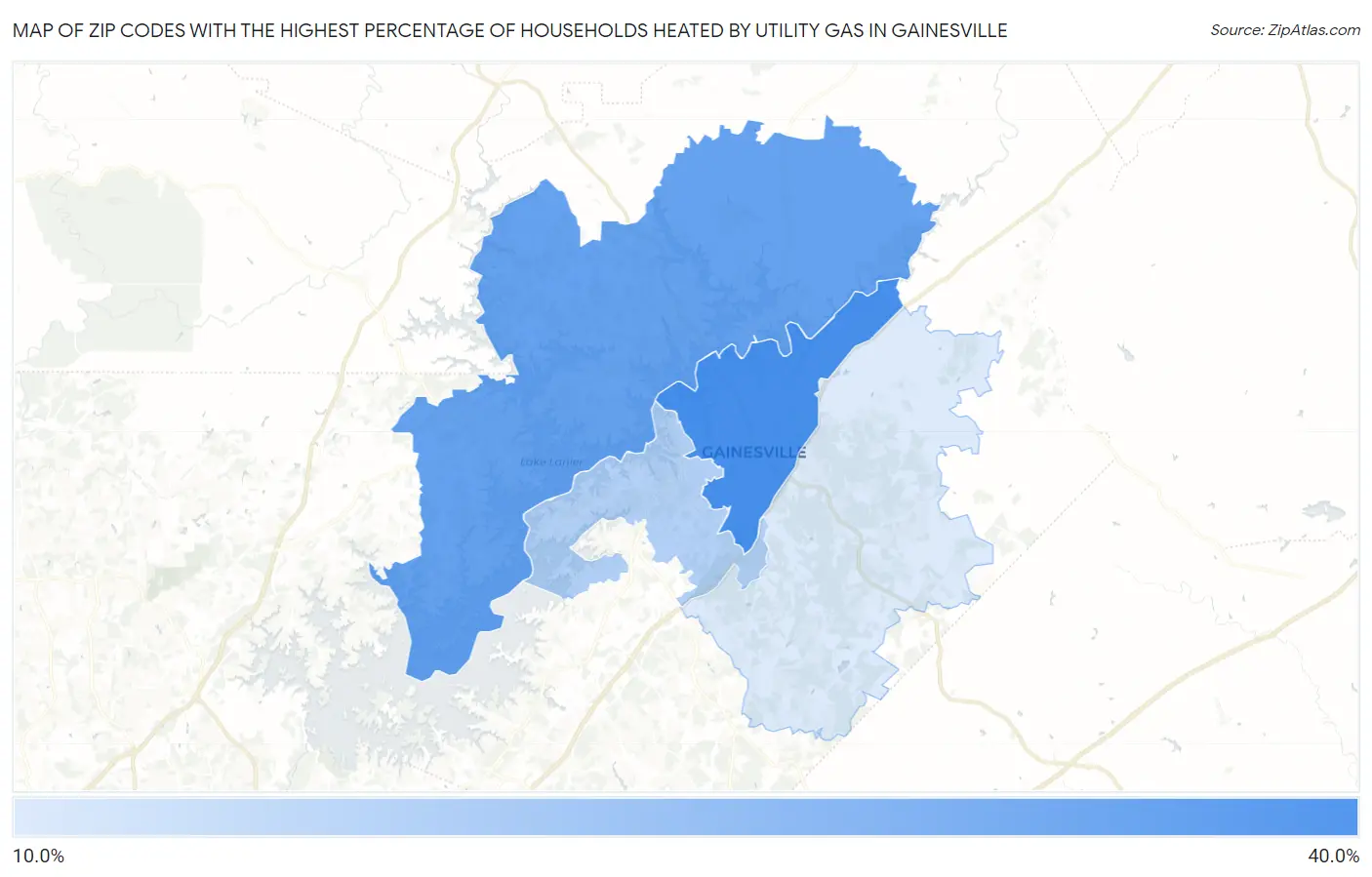 Zip Codes with the Highest Percentage of Households Heated by Utility Gas in Gainesville Map