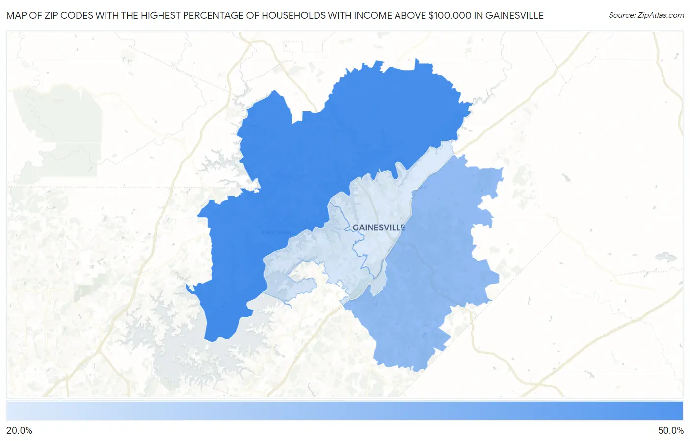 Zip Codes with the Highest Percentage of Households with Income Above $100,000 in Gainesville Map