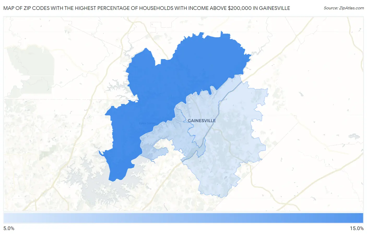 Zip Codes with the Highest Percentage of Households with Income Above $200,000 in Gainesville Map