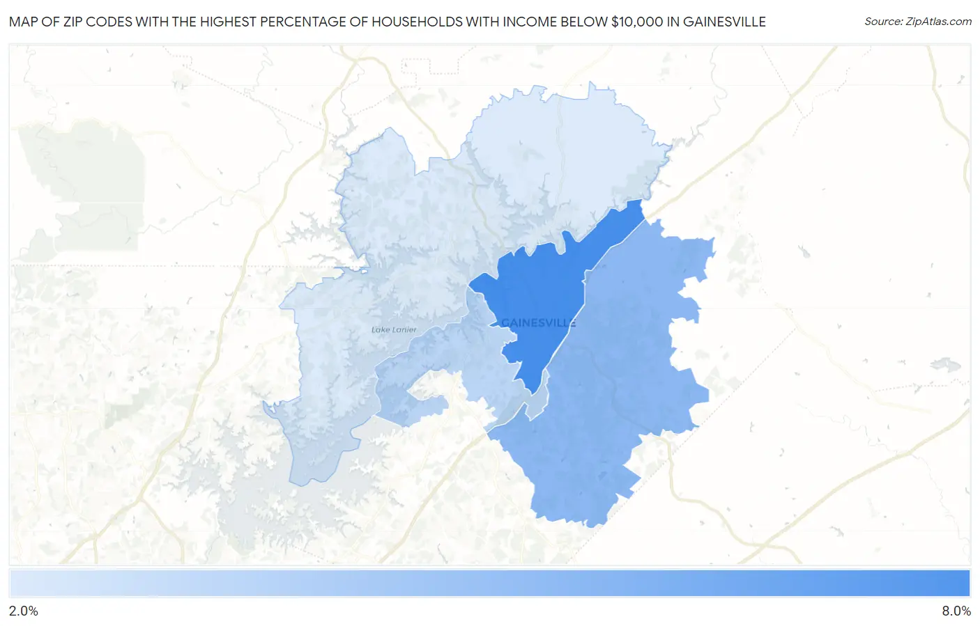 Zip Codes with the Highest Percentage of Households with Income Below $10,000 in Gainesville Map