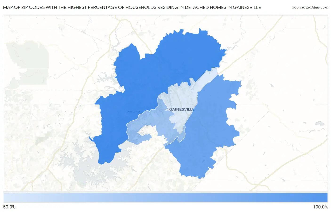Zip Codes with the Highest Percentage of Households Residing in Detached Homes in Gainesville Map
