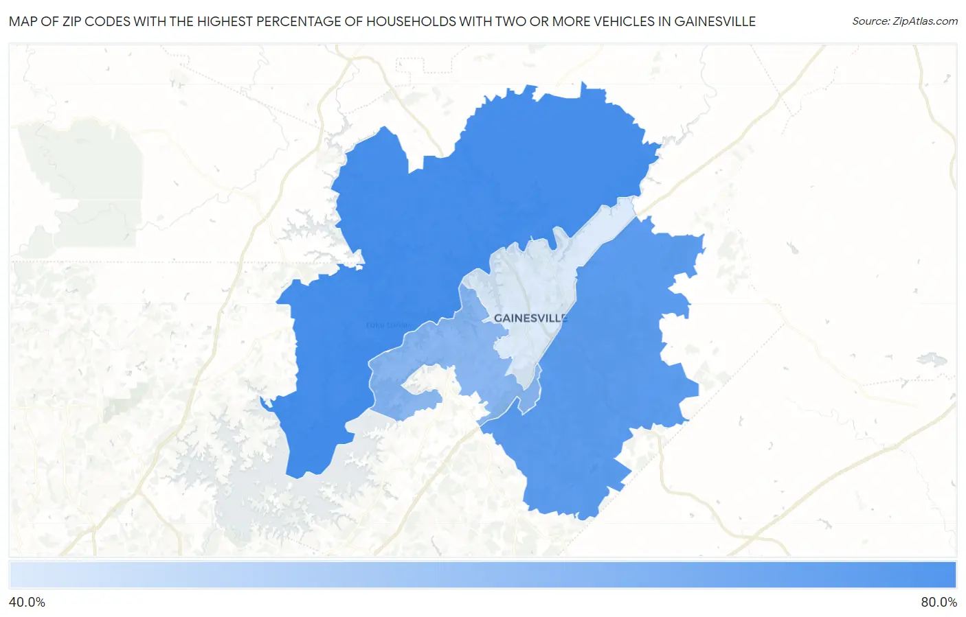 Zip Codes with the Highest Percentage of Households With Two or more Vehicles in Gainesville Map