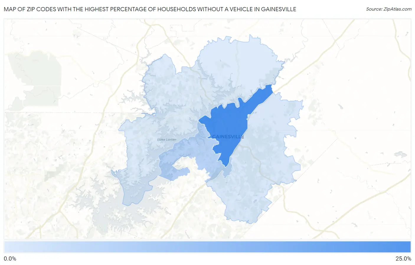 Zip Codes with the Highest Percentage of Households Without a Vehicle in Gainesville Map