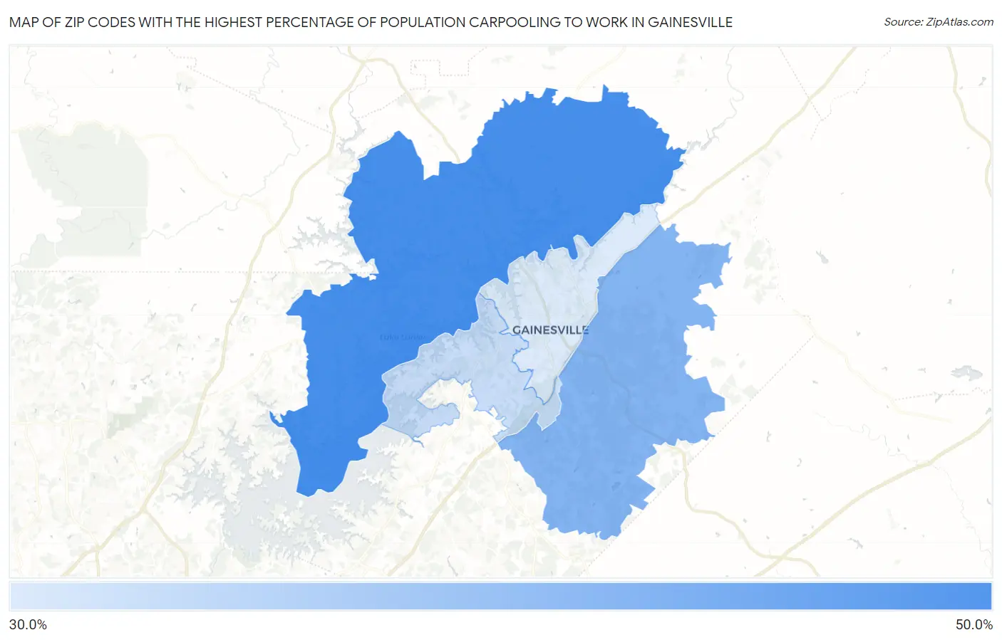 Zip Codes with the Highest Percentage of Population Carpooling to Work in Gainesville Map