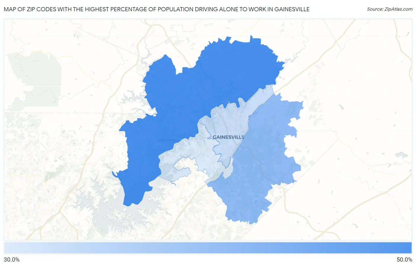 Zip Codes with the Highest Percentage of Population Driving Alone to Work in Gainesville Map