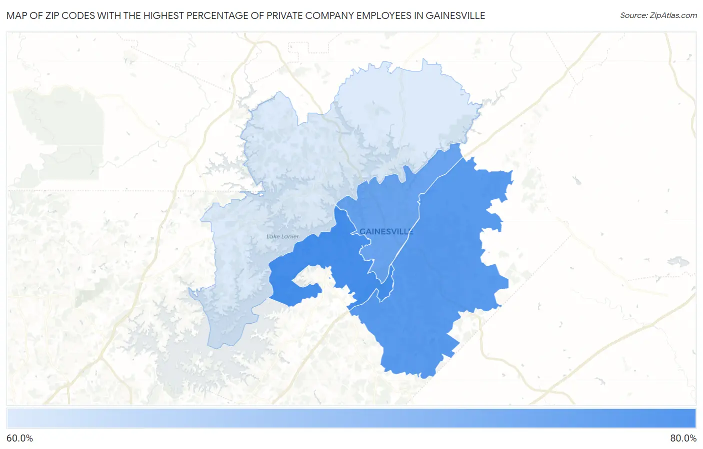 Zip Codes with the Highest Percentage of Private Company Employees in Gainesville Map