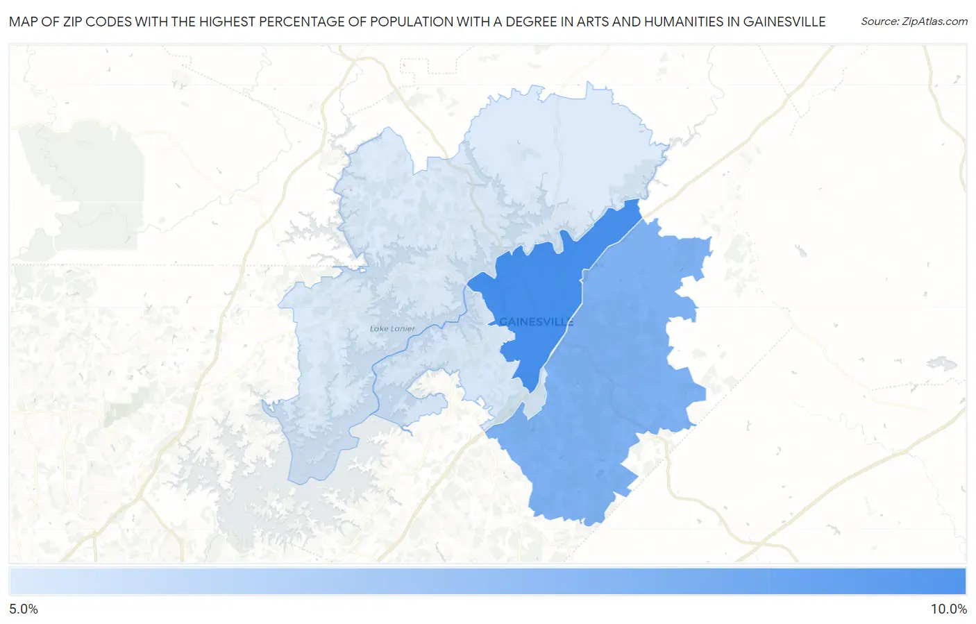 Zip Codes with the Highest Percentage of Population with a Degree in Arts and Humanities in Gainesville Map