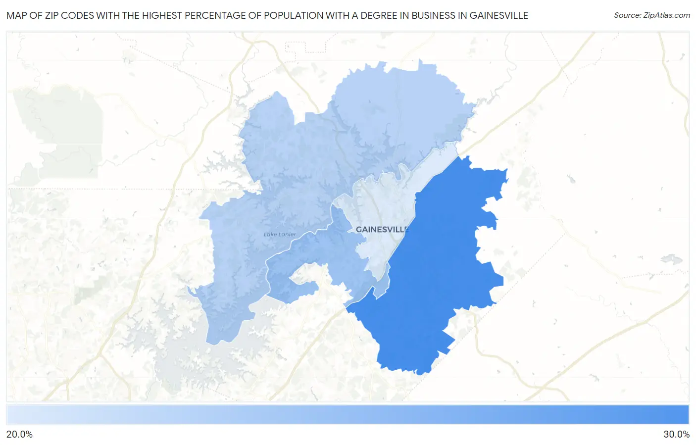 Zip Codes with the Highest Percentage of Population with a Degree in Business in Gainesville Map