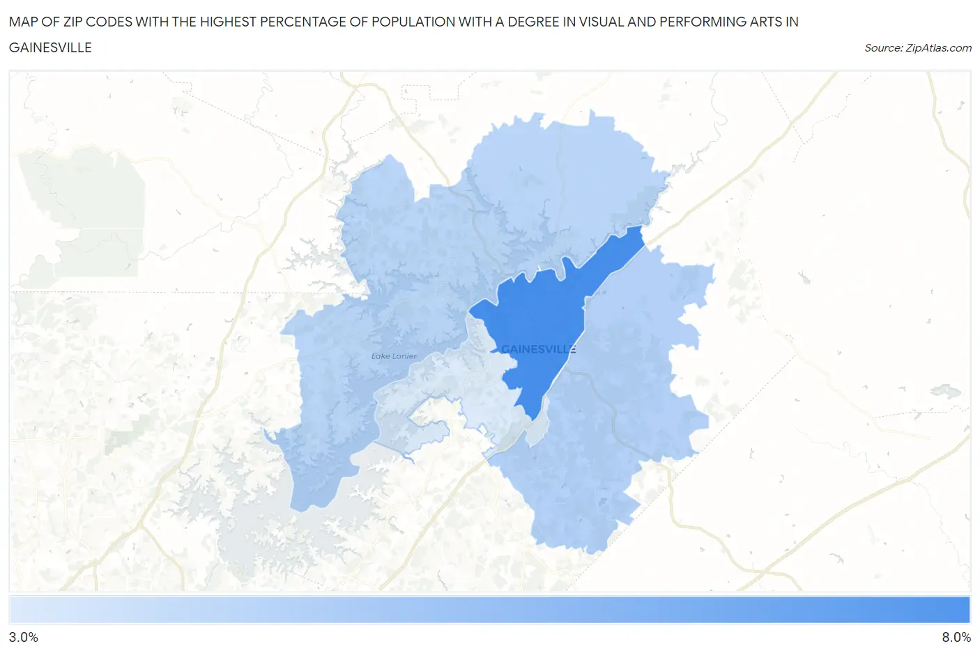 Zip Codes with the Highest Percentage of Population with a Degree in Visual and Performing Arts in Gainesville Map