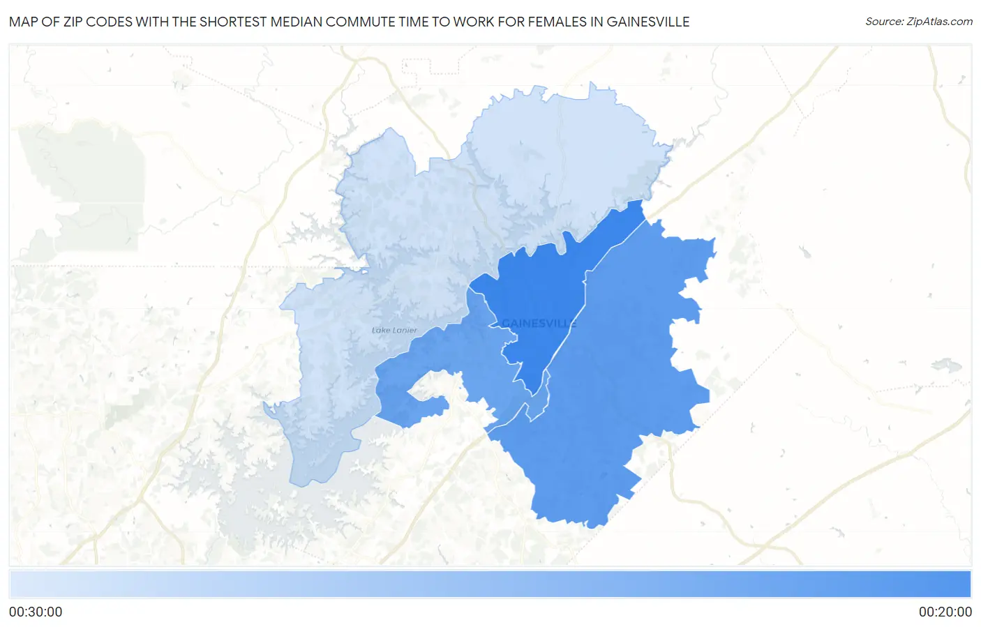 Zip Codes with the Shortest Median Commute Time to Work for Females in Gainesville Map