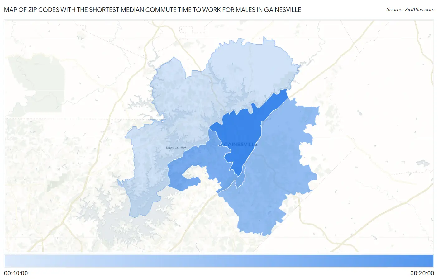 Zip Codes with the Shortest Median Commute Time to Work for Males in Gainesville Map