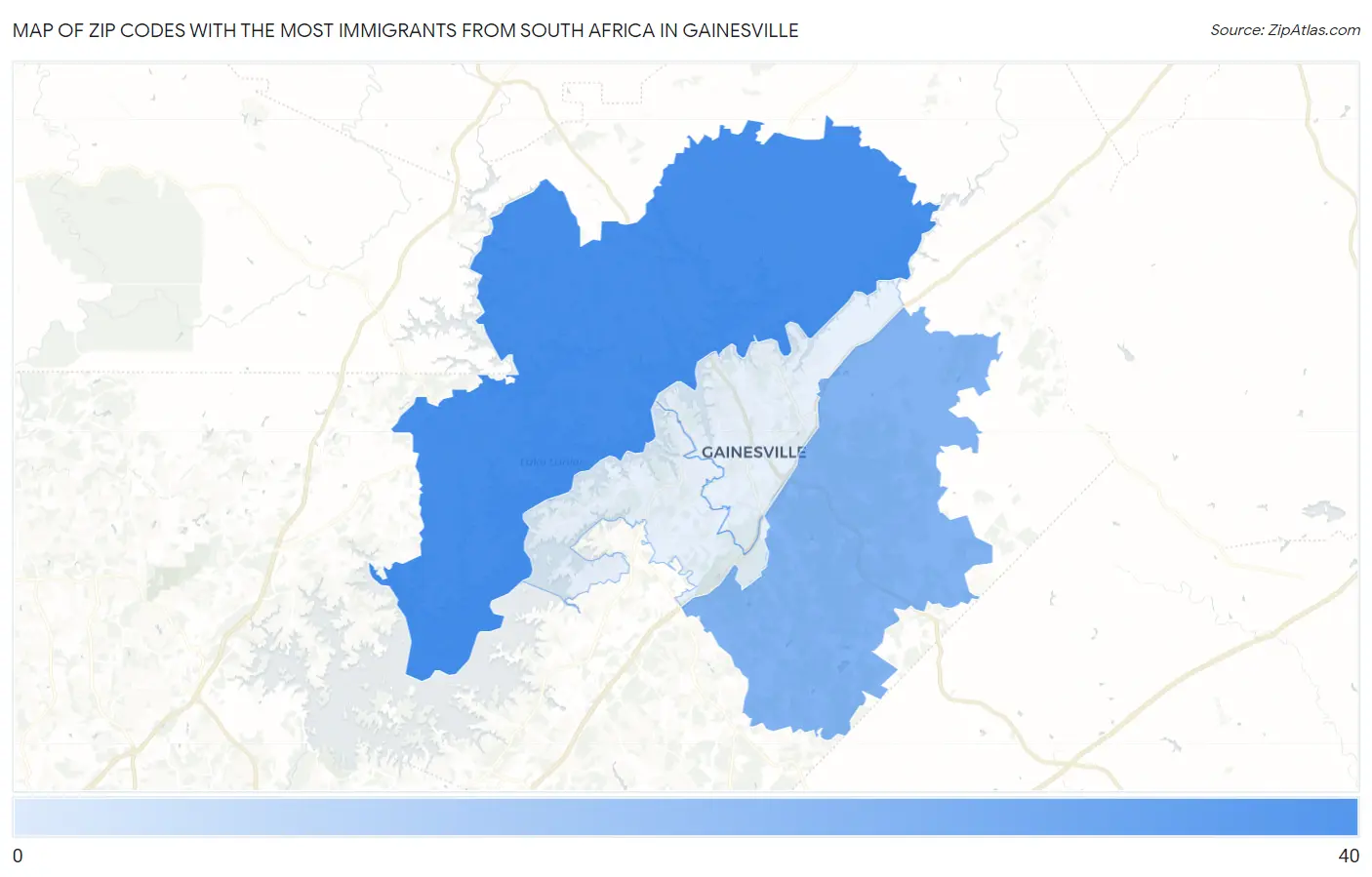 Zip Codes with the Most Immigrants from South Africa in Gainesville Map