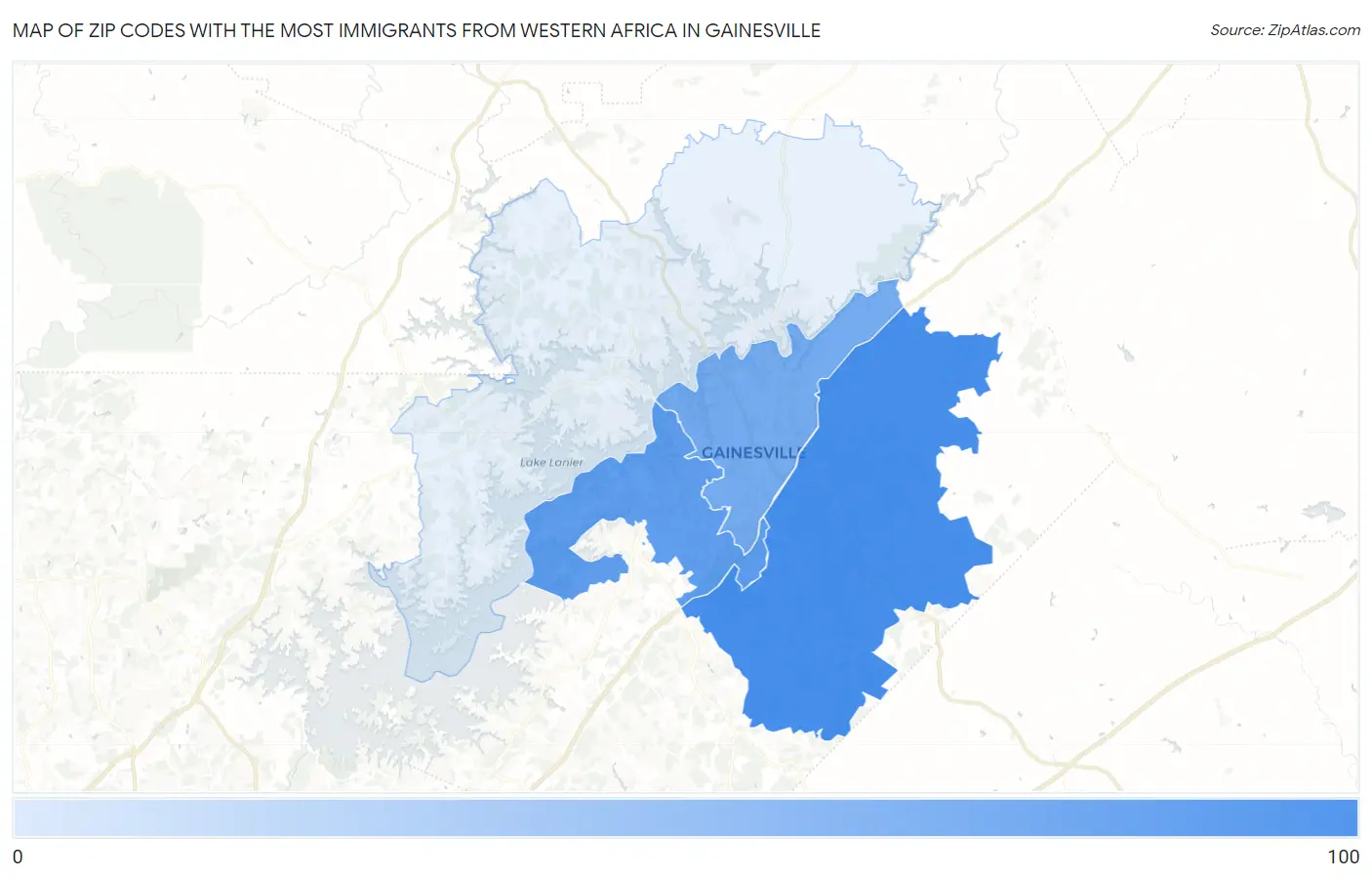 Zip Codes with the Most Immigrants from Western Africa in Gainesville Map