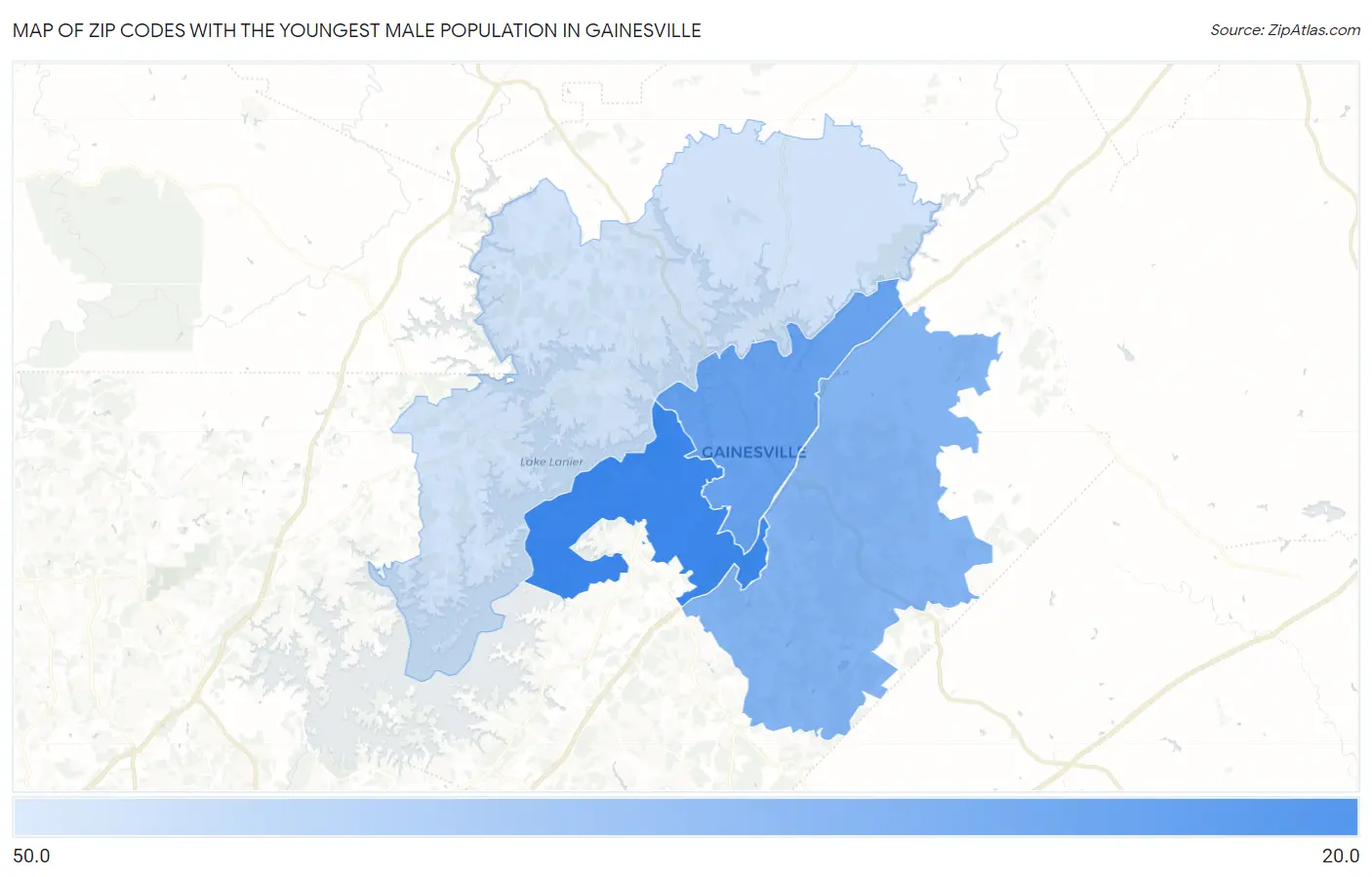 Zip Codes with the Youngest Male Population in Gainesville Map