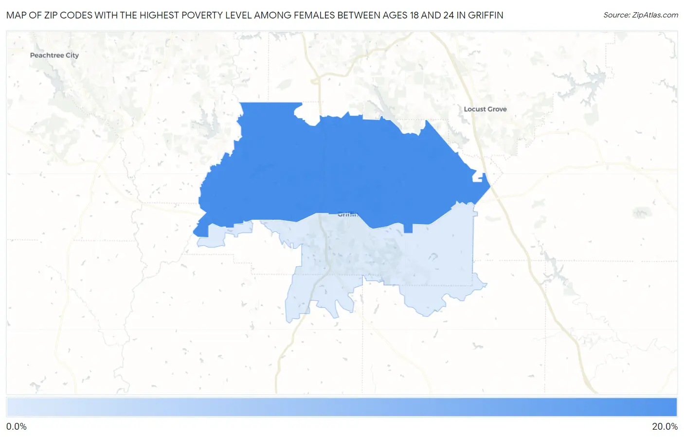 Zip Codes with the Highest Poverty Level Among Females Between Ages 18 and 24 in Griffin Map