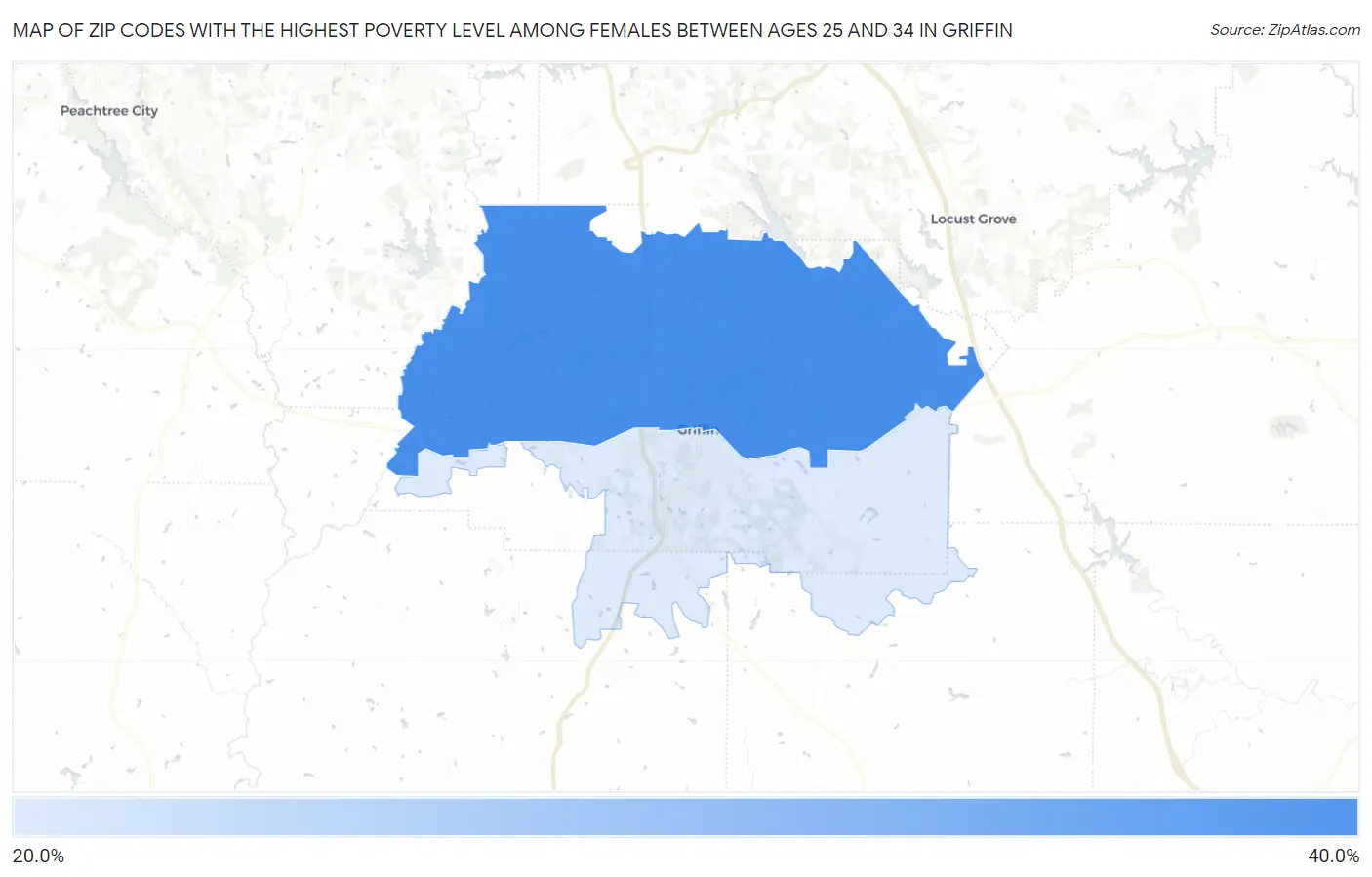 Zip Codes with the Highest Poverty Level Among Females Between Ages 25 and 34 in Griffin Map