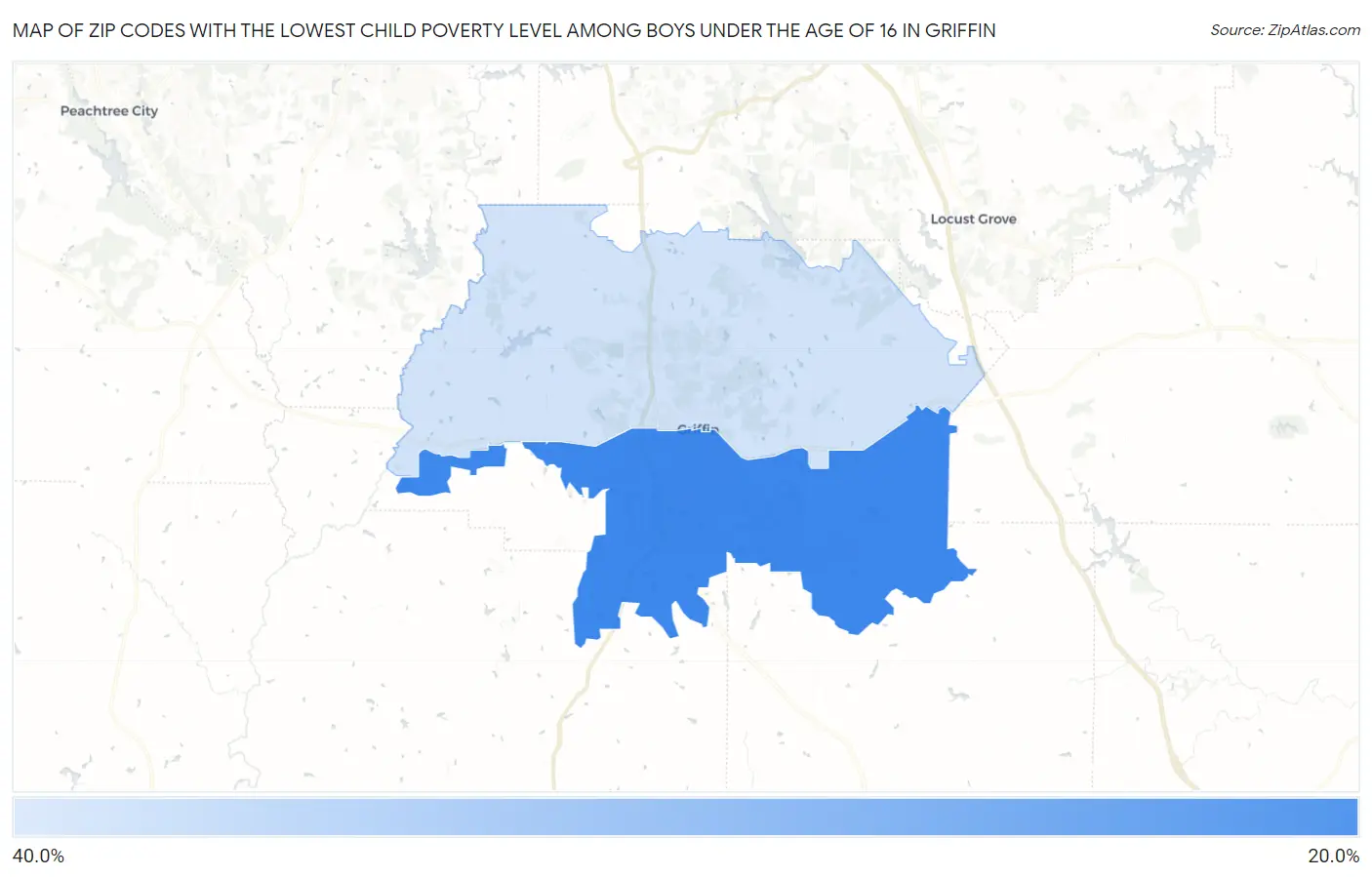 Zip Codes with the Lowest Child Poverty Level Among Boys Under the Age of 16 in Griffin Map