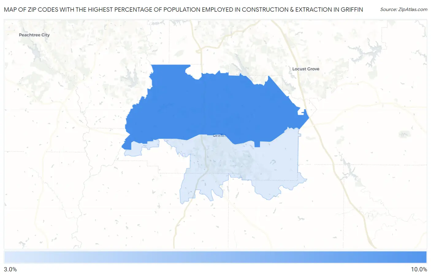 Zip Codes with the Highest Percentage of Population Employed in Construction & Extraction in Griffin Map