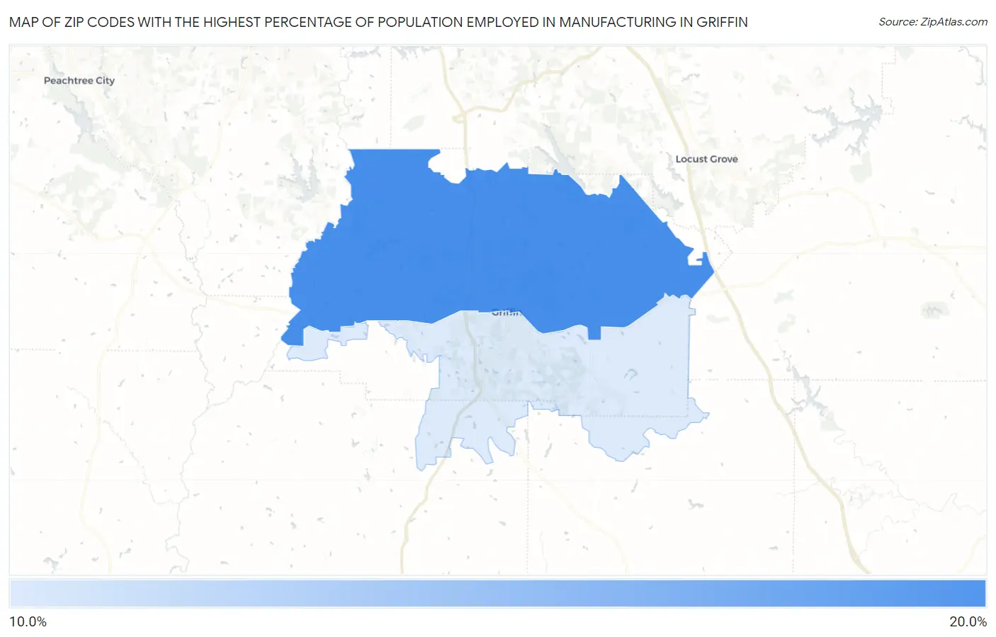 Zip Codes with the Highest Percentage of Population Employed in Manufacturing in Griffin Map