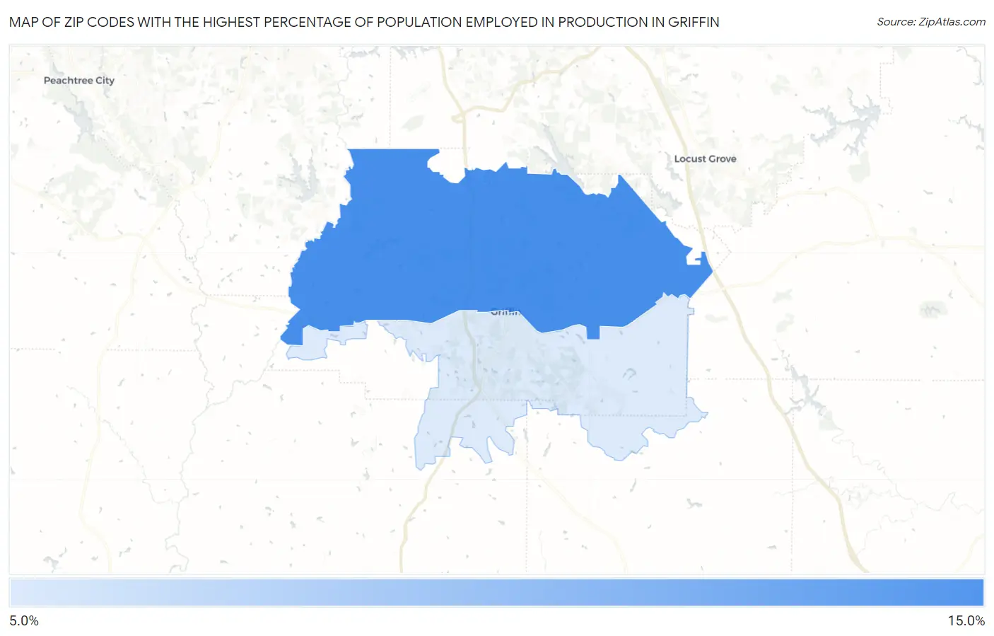 Zip Codes with the Highest Percentage of Population Employed in Production in Griffin Map