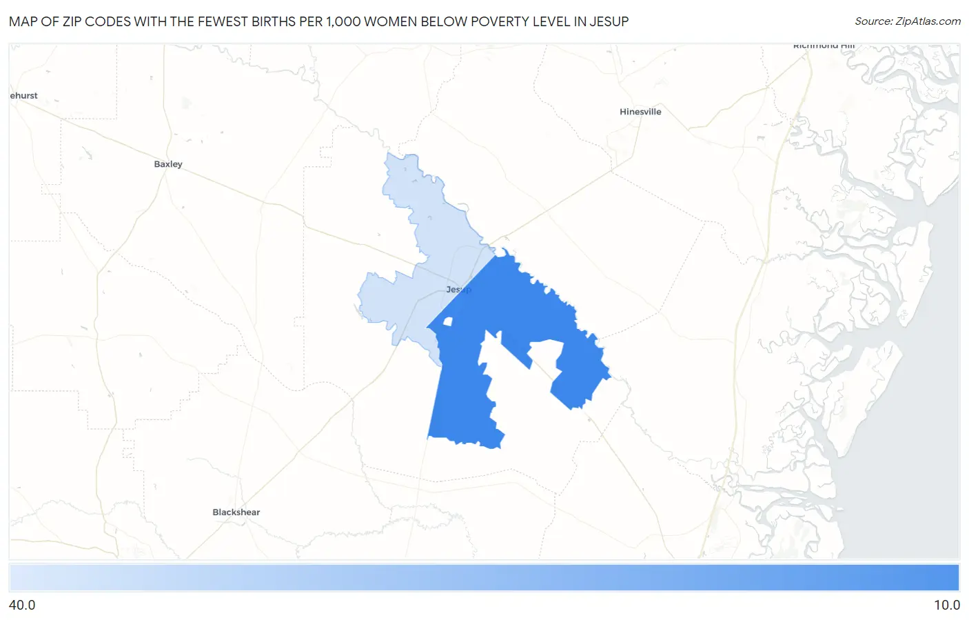 Zip Codes with the Fewest Births per 1,000 Women Below Poverty Level in Jesup Map